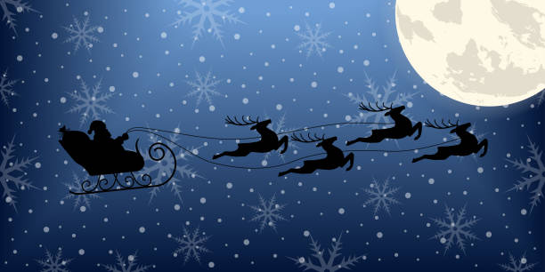 istock Santa on sleigh with reindeer flying in the night sky with moon. Christmas background with Santa's sled and Xmas deer. Winter background with snowflakes. Vector illustration. 1285943817