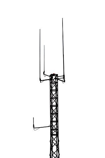 Telecommunication mast or mobile tower with antennas black silhouette isolated on white