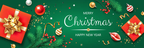 クリスマスのシンボルとテキストを持つ水平バナー。緑の背景にクリスマスツリー、ギフト、ボール、装飾やその他のお祝いの要素。 - christmas gold green backgrounds点のイラスト素材／クリップアート素材／マンガ素材／アイコン素材