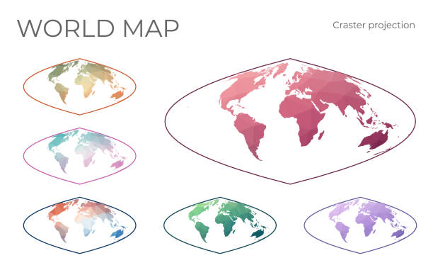 Low Poly World Map Set. Low Poly World Map Set. Craster parabolic projection. Collection of the world maps in geometric style. Vector illustration. modern map north east england uk stock illustrations