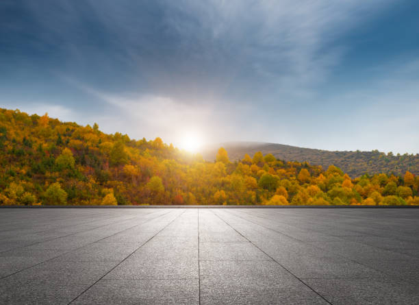 autunno, boschi dorati sul lato montano dell'autostrada, cina - road marking road reflector road dividing line foto e immagini stock