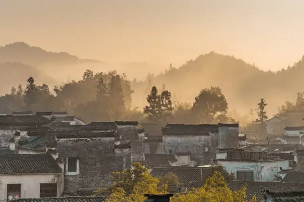 Sunrise view of the Chinese historic architecture in Xidi village, in Anhui province, China.