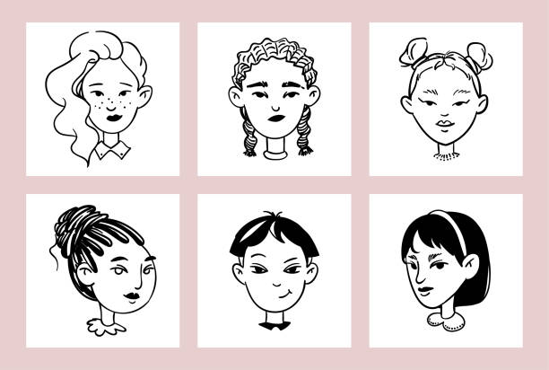 Set of young women doodle avatars. Hand-drawn female faces on white isolated background. A collection of various portraits. Vector stock illustration. Set of young women doodle avatars. Hand-drawn female faces on white isolated background. A collection of various portraits. Vector stock illustration. caricature stock illustrations