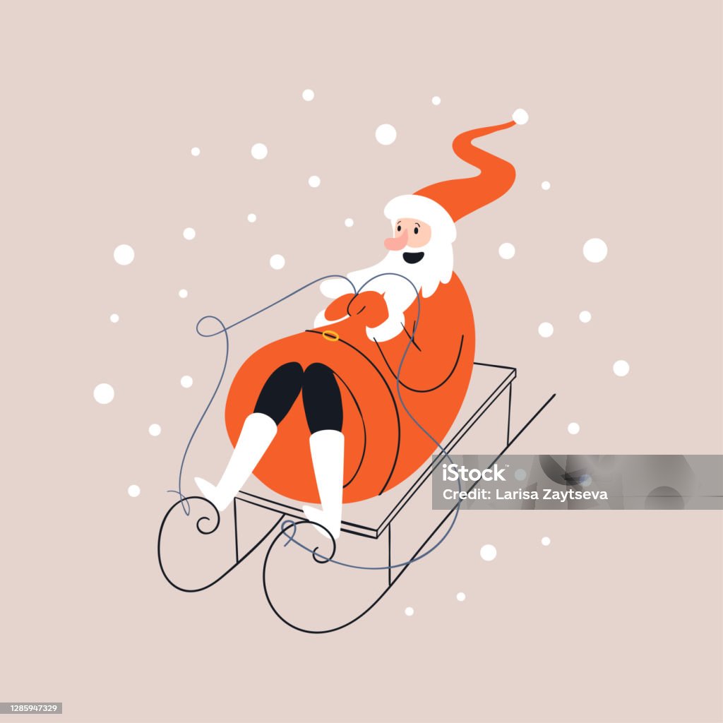 Ilustración de Dibujos Animados Santa Claus Montando Un Trineo De Garabateo  En Botas Blancas Happy Santa Se Despliega Alegremente Mientras Está  Acostado En Un Trineo En Un Círculo De Bolas De Nieve