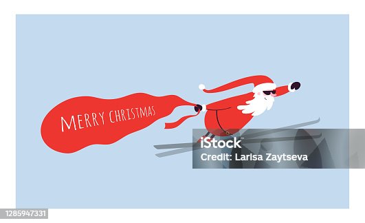 istock Cartoon Santa in goggles flies on skis with a bag of gifts in his hand. Merry Christmas is coming. Santa Claus delivers gifts. Flat vector stock illustration horizontal isolated on blue background. 1285947331