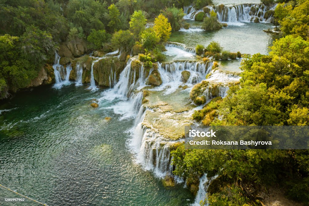 Waterfalls at Krka Amazing waterfalls at Krka National Park in Croatia, beautiful landscape, travel attraction, summer touristic concept Šibenik Stock Photo