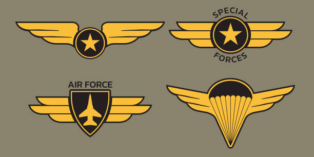 militärische abzeichen, armee-patch und insignien mit flügeln gesetzt. luft- und luftwaffen-embleme mit adler, stern und flugzeug. vektor-illustration. - air force fighter plane pilot military stock-grafiken, -clipart, -cartoons und -symbole