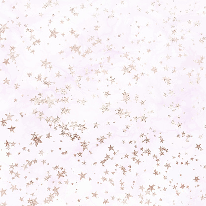 Pale Pink Marble Texture with Rose Gold Confetti Stars Vector Background, useful to create surface effect for your design products such as background of greeting cards, architectural and decorative patterns. Trendy template inspiration for your design.