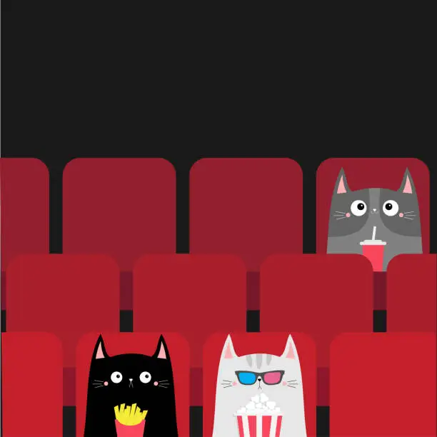 Vector illustration of Cat set in movie theater eating popcorn, french fries, soda. Cute cartoon character. Film show Cinema. Viewer kitten watching movie in 3D glasses. Red seats hall. Dark background. Flat design