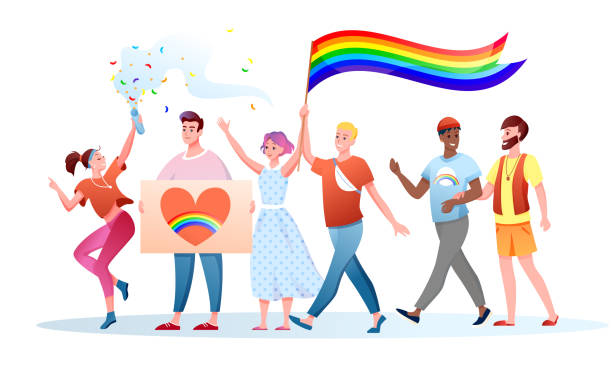 parada równości lgbt ilustracja wektorowa, kreskówka mieszkanie szczęśliwy gejów lesbijki znaki posiadają lgbt tęczową flagę na festiwalu tolerancji i miłości - travesty stock illustrations