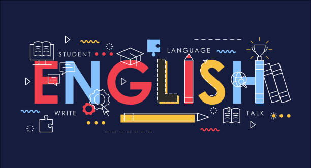 Learn English thin line vector illustration for website interface design, books for student learning language, school infographic education concept, abstract flat English word with educational items. Learn English thin line vector illustration for website interface design, books for student learning language, school infographic education concept, abstract flat English word with educational items essay writing stock illustrations