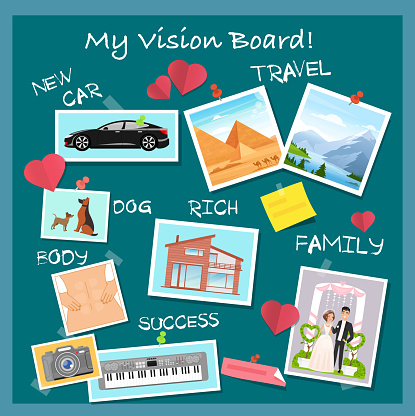 Vision board, collage with dreams and goals vector illustration. Cartoon flat visionary examples of financial business success, travel achievements, happy family wedding, motivation for body training.