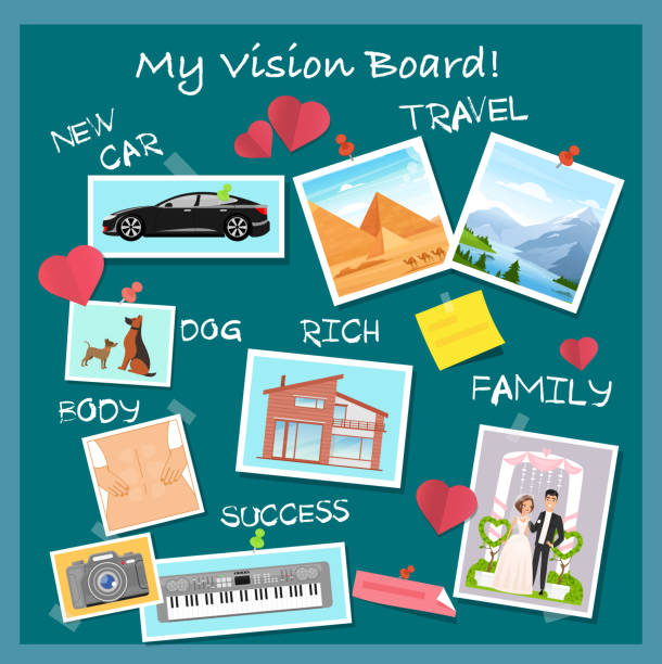 Vision board, collage with dreams and goals vector illustration. Cartoon flat visionary examples of financial business success, travel achievements, happy family wedding, motivation for body training Vision board, collage with dreams and goals vector illustration. Cartoon flat visionary examples of financial business success, travel achievements, happy family wedding, motivation for body training. blackboard stock illustrations