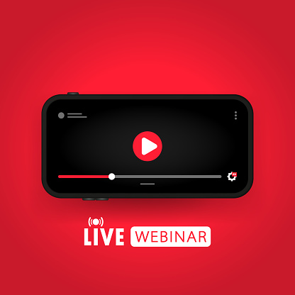 Watching live webinar on smart phone illustration. Distance education. Online lesson, Lecture, training, course. Vector on isolated background. EPS 10.