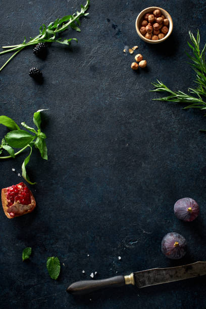 Flat lay with berries and herbs