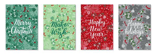 Floral Christmas red, green greeting card template vector set. Elegant spruce tree twigs, mistletoe leaves and berries, bunches of rowan pattern background. Hand-drawn Happy holidays lettering phrase Floral Christmas red, green greeting card template vector set. Elegant vector spruce tree twigs, mistletoe leaves and berries, bunches of rowan pattern background. Hand-drawn Happy holidays lettering phrase red berries stock illustrations