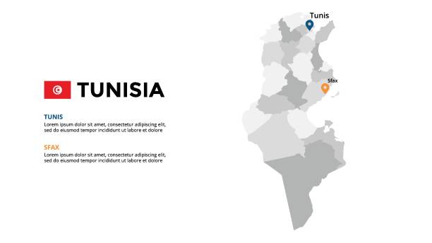 !Template Tunisia vector map infographic template. Slide presentation. Global business marketing concept. African country. World transportation geography data. tunisia stock illustrations