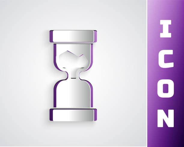 ilustrações de stock, clip art, desenhos animados e ícones de paper cut old hourglass with flowing sand icon isolated on grey background. sand clock sign. business and time management concept. paper art style. vector - hourglass time purple deadline