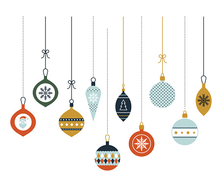 Hanging Christmas glass balls. Christmas decoration. Vector icons in a flat style. Set of graphic elements. Merry Christmas greeting card with modern baubles.