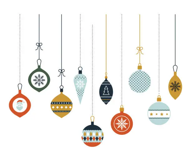 Vector illustration of Hanging Christmas glass balls. Christmas decoration. Vector icons in a flat style. Set of graphic elements. Merry Christmas greeting card with modern baubles.