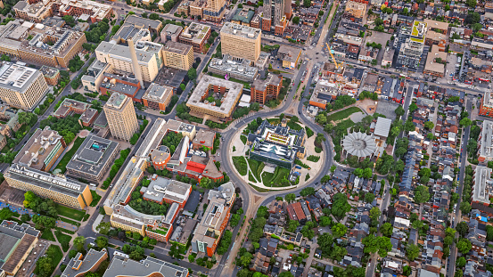 Aerial view of Spadina Avenue roundabout and 1 Spadina Crescent building in the centre of it in Toronto, Ontario, Canada.