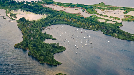Aerial view of boats moored in Tommy Thompson Park, Toronto, Ontario, Canada.