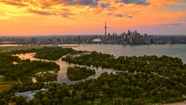 Aerial view of Toronto skyline from Toronto Island at sunset, Toronto, Ontario, Canada.
