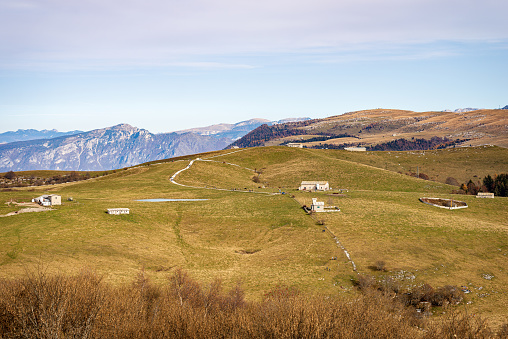 Lessinia Plateau (Altopiano della Lessinia) and the Carega Mountain, called the small Dolomites, view from the peak of Corno d'Aquilio, Verona province, Veneto, Italy, Europe.