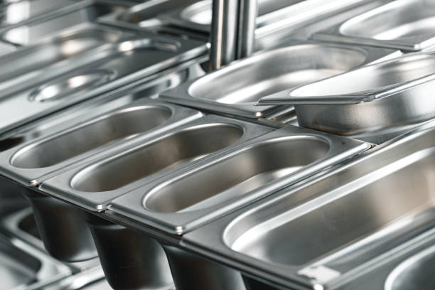 istock Industrial kitchen metal trays for buffet catering 1285960776