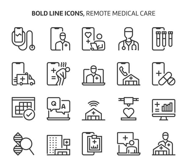 Remote medical care, bold line icons. Remote medical care, bold line icons. The illustrations are a vector, editable stroke, 48x48 pixel perfect files. Crafted with precision and eye for quality. health technology stock illustrations