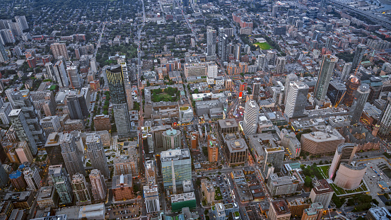 Aerial view of modern cityscape with Downtown Toronto at dusk, Ontario, Canada.