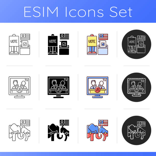 USA icons set USA icons set. Voting booth. Televised debates. Democrats vs. Republicans. General election campaign. Cabin in polling station. Linear, black and RGB color styles. Isolated vector illustrations republican elephant logo stock illustrations
