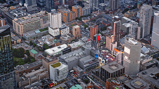 Aerial view of modern cityscape with Downtown Toronto at dusk, Ontario, Canada.