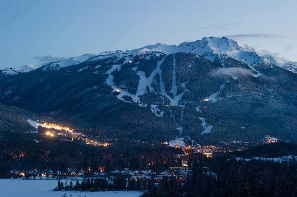 Winter scenery in Whistler, Canada Whistler mountain at dusk. Top ski resorts in the world. Be ski area in North America. whistler mountain stock pictures, royalty-free photos & images