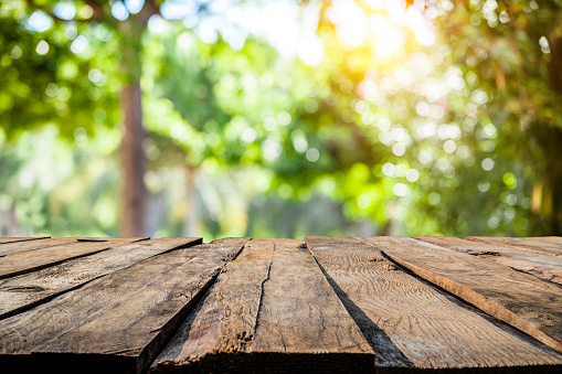 Empty rustic wooden table with defocused yellowish lush foliage at background. Ideal for product display on top of the table. Predominant colors are green and brown. XXXL 42Mp outdoors photo taken with SONY A7rII and Zeiss Batis 40mm F2.0 CF