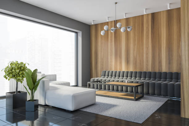 istock Wooden living room with white and gray sofas 1285963319