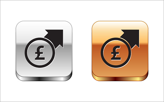 Black Financial growth and pound sterling coin icon isolated on white background. Increasing revenue. Silver-gold square button. Vector.