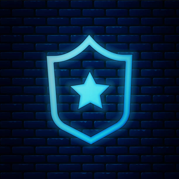 istock Glowing neon Military reward medal icon isolated on brick wall background. Army sign. Vector 1285964594