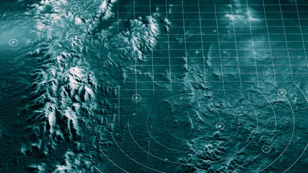 Photo of Satellite view of land, war operations, sci-fi, night vision with blue hues. Military target. Drone flying over an area