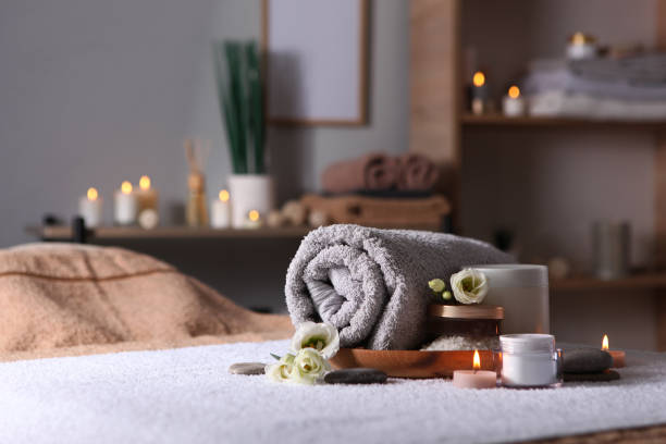 istock Beautiful spa composition of towels and spa accessories 1285967898