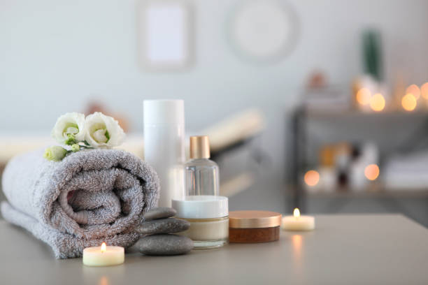 istock Beautiful spa composition of towels and spa accessories 1285967988