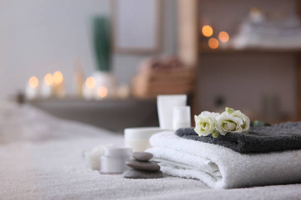istock Beautiful spa composition of towels and spa accessories 1285968000