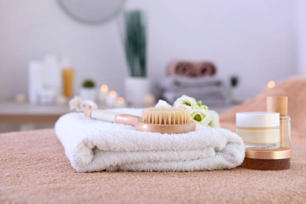 istock Beautiful spa composition of towels and spa accessories 1285968030
