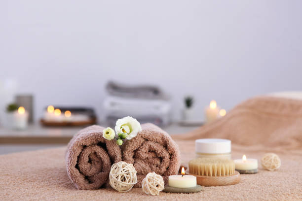 istock Beautiful spa composition of towels and spa accessories 1285968129