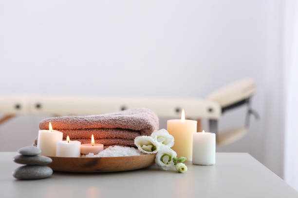 istock Beautiful spa composition of towels and spa accessories 1285968206