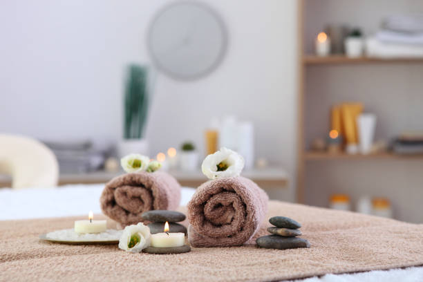 istock Beautiful spa composition of towels and spa accessories 1285968308