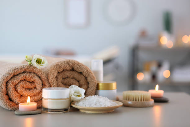 istock Beautiful spa composition of towels and spa accessories 1285968472