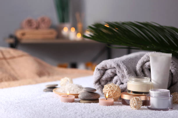 istock Beautiful spa composition of towels and spa accessories 1285968474