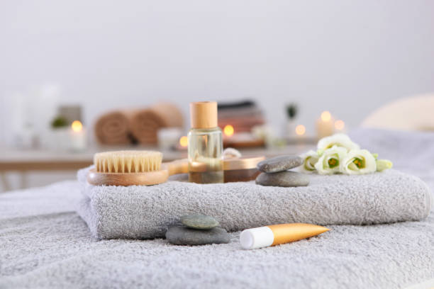 istock Beautiful spa composition of towels and spa accessories 1285968500