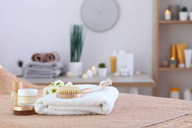 istock Beautiful spa composition of towels and spa accessories 1285969167